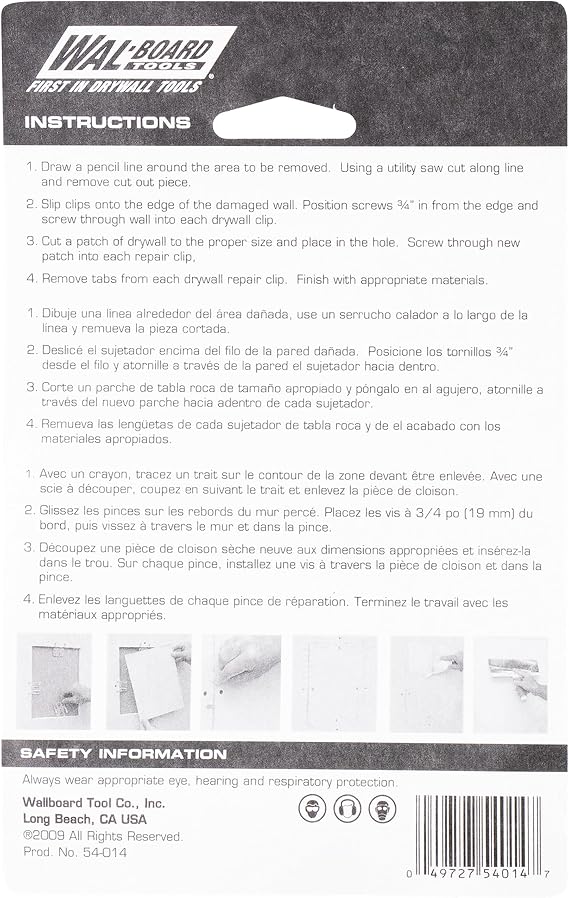 WAL-BOARD TOOLS Drywall Clips, Easy Drywall Repair Solution, Fits 1/2 and 5/8 Panels, Includes 6 Clips and 12 Screws, Made in the USA, 054-014