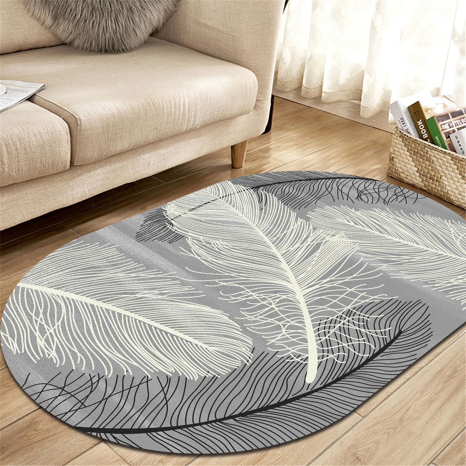 Tapis ovale antidérapant et lavable gris pour salon