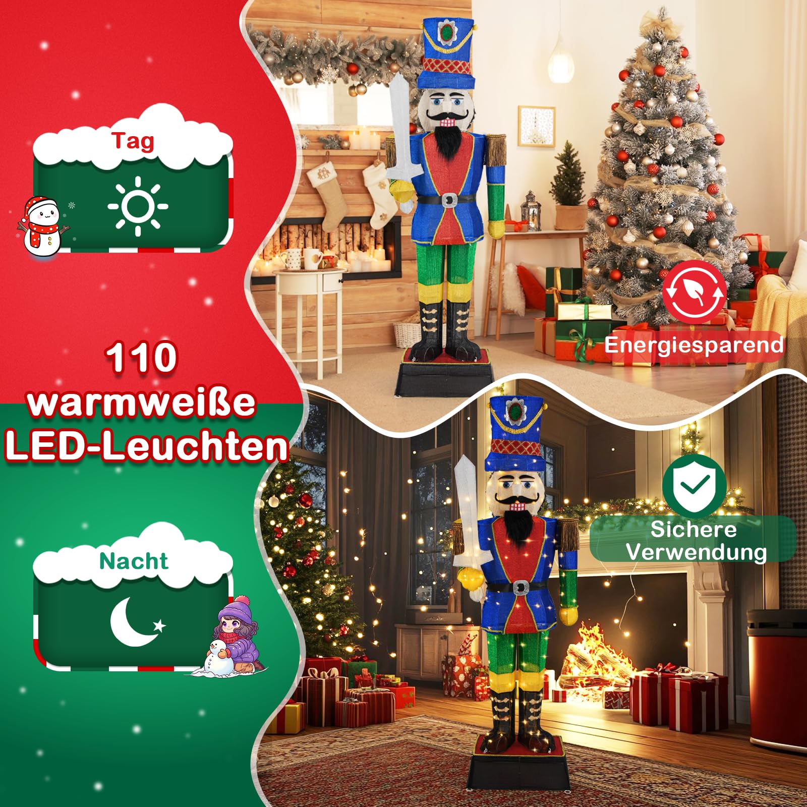 GYMAX 184 cm Weihnachten Nussknacker Figur, beleuchtete Weihnachtsdekoration mit 110 warmweißen LED Lichtern, Weihnachtsbeleuchtung, Weihnachtsfigur, für drinnen & draußen