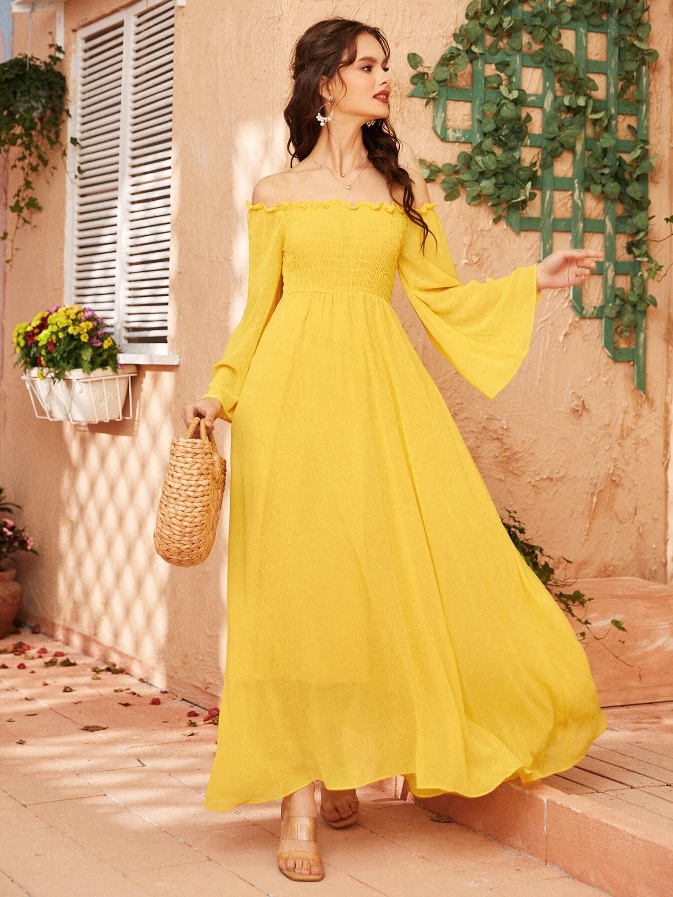 yellow dresses for women nearby Women's Wedding Guest Dresses Prom Dresses for Women Off Shoulder Shirred Bell Sleeve Dress Dress for Women (Color : Yellow, Size : Small) : Clothing, Shoes & Jewelry Style:2023RES441 YTJ detail_embroidered Shoulder tie details Black Strapless Dress |