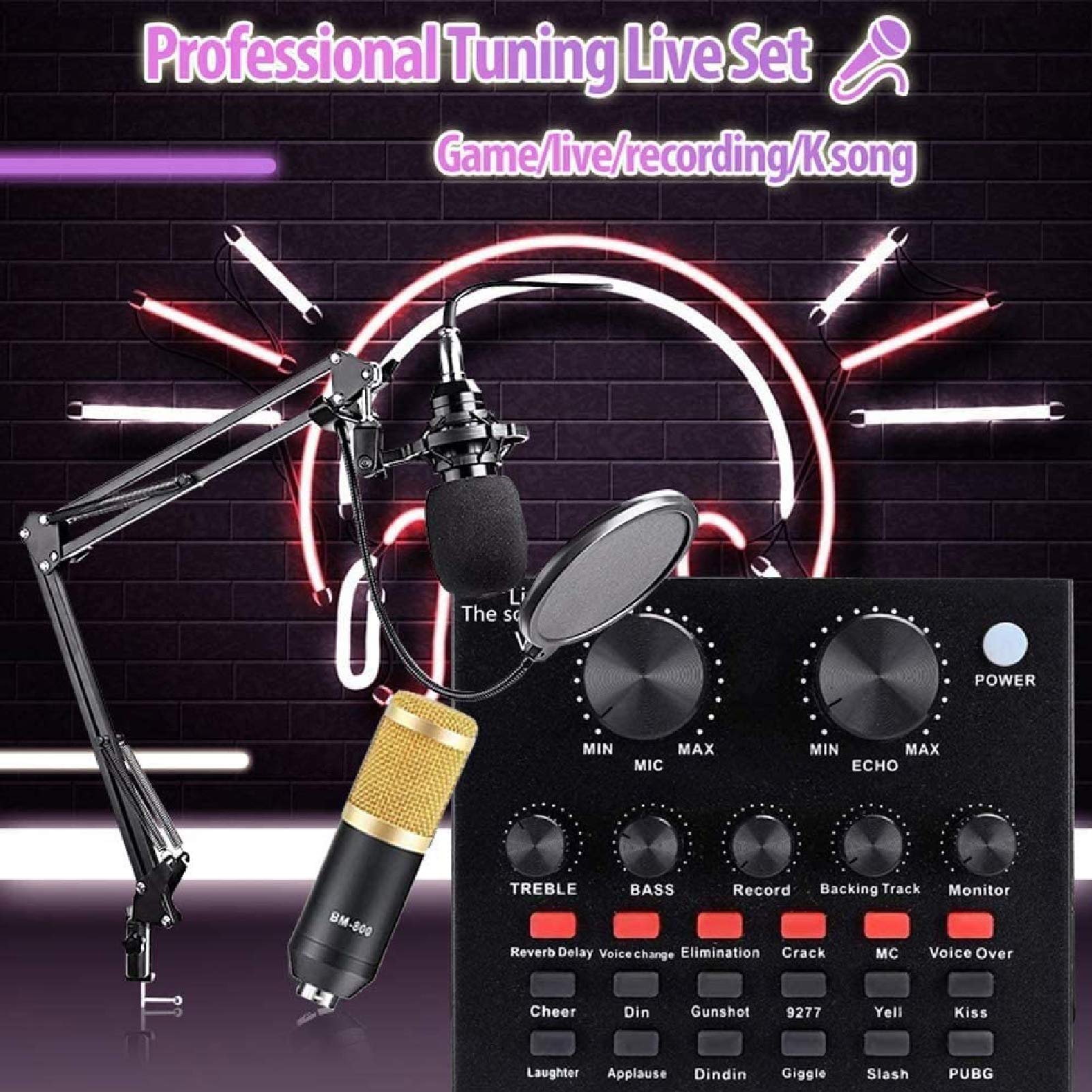 Carte Son multifonctionnelle en Direct, Ensemble de Microphones pour Carte Son, Ensemble de Microphones en métal de Diffusion, Support réglable, 12 Effets sonores de Fond