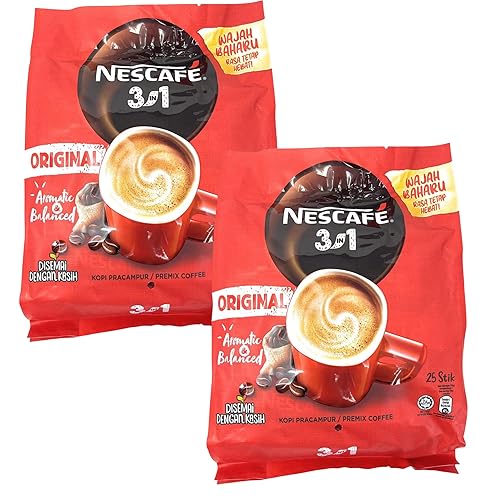 Paquete de 2 paquetes de café instantáneo 3 en 1 de Nescafé premezclado original paquetes de una sola porción en total de 50 palitos