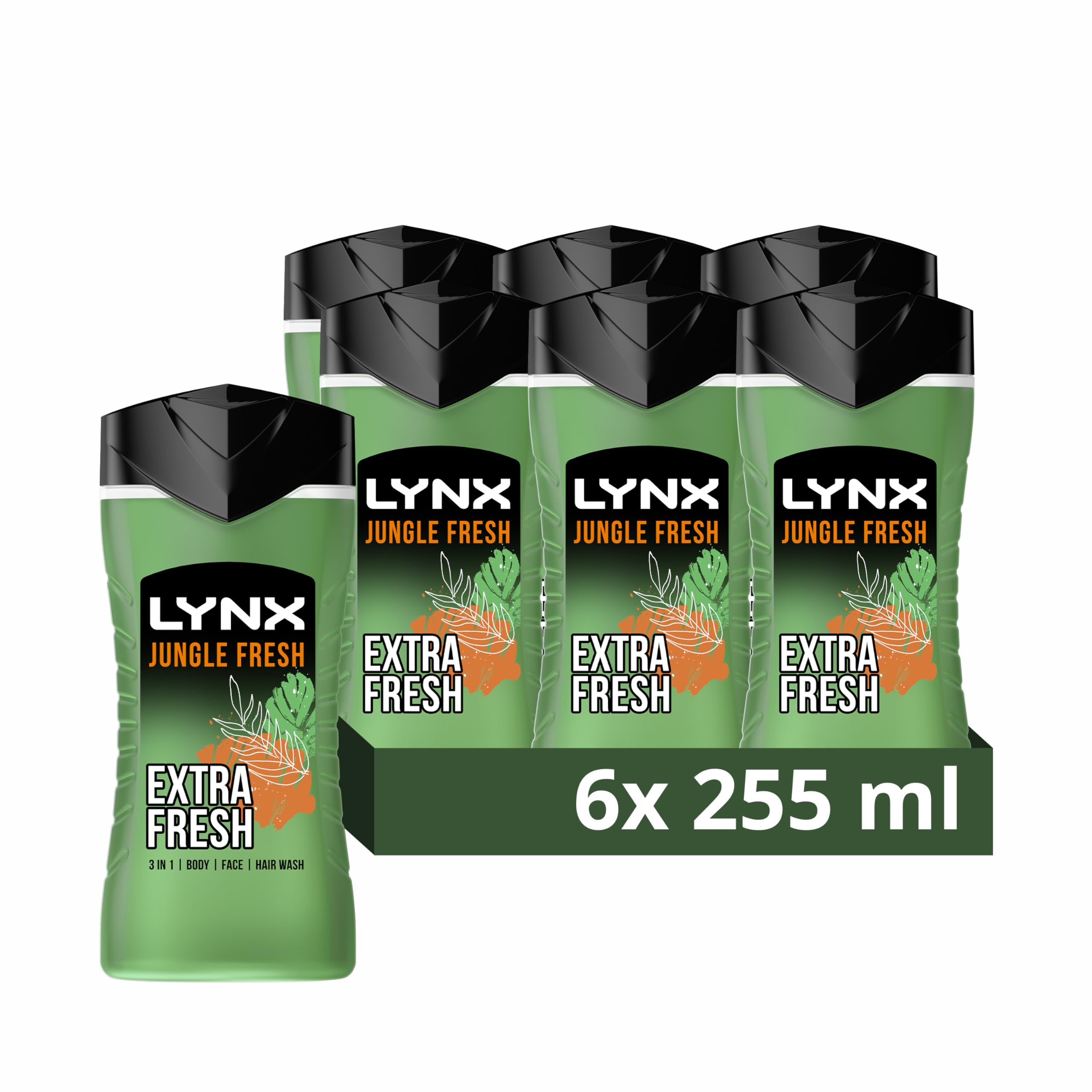 Lynx Men's Green 3In1 Body, Face & Hair Wash 'Shower Gel' Jungle Fresh 225Ml, 6Pack In