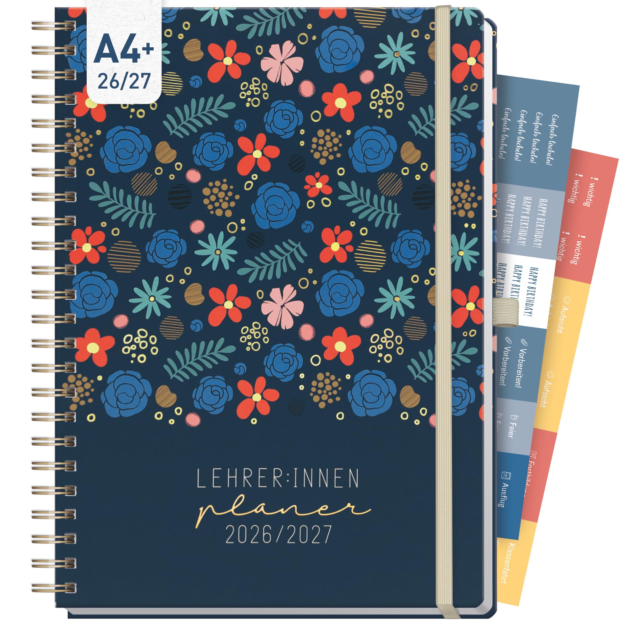 Häfft® Lehrerplaner 2026/2027 A4+ Deluxe – Großer Lehrerkalender & Schulplaner 26/27 mit Hardcover & Spiralbindung "Flowers & Leaves" – Für Grundschule, weiterführende Schulen & Referendariat