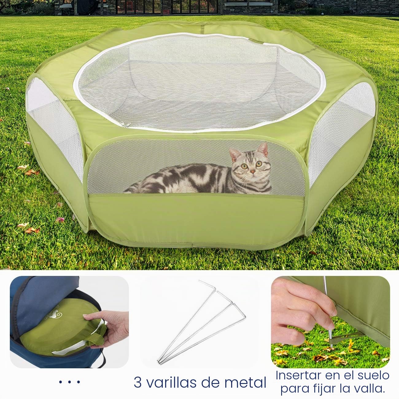 Pawaboo Valla de Animales Portátil de Oxford, Parque de Animales Plegable con Tres Varillas Metálicas y Amplia Abertura para Erizos Ardillas Gatos Dragón y Conejos - Verde de Aguacate