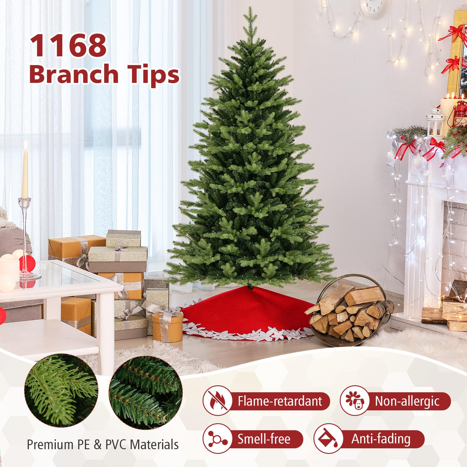 KOMFOTTEU Árbol de Navidad Artificial con Luces LED con 11 Modos, Control Remoto, Árbol Navideño de PVC con Base de Metal, Árbol de Decoración Navideña para Hogar, Tiendas, Oficina (180 cm)