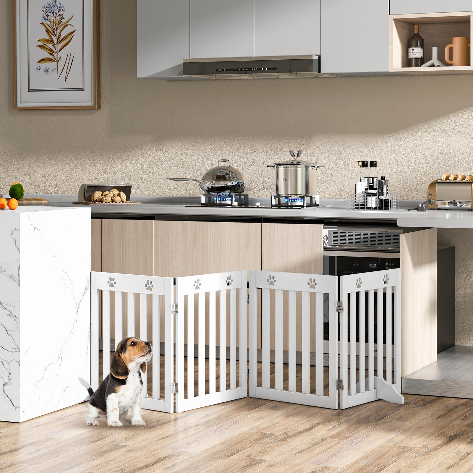 SOARS Cancelletto per Cani Pieghevoli 204 x 60 cm, Barriera per Cani in Legno a 4 Pannelli con Piedini Stabili, Recinzione per Scale, Ingressi e Corridoi (Bianco)