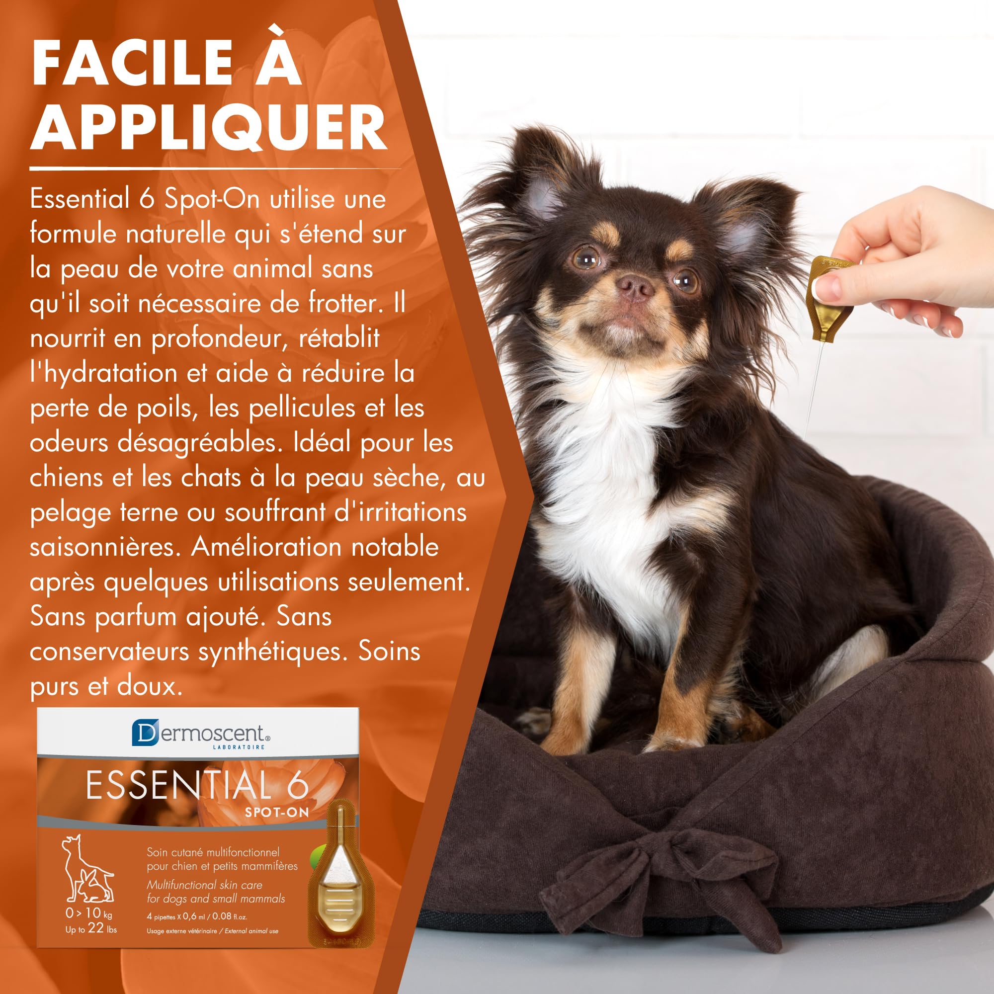 Essential 6 Spot-on pour Chien et Petits Mammifères 0–10 kg | Soin Cutané Multifonctionnel Naturel | 4 Pipettes x 0,6 ML | Dermoscent