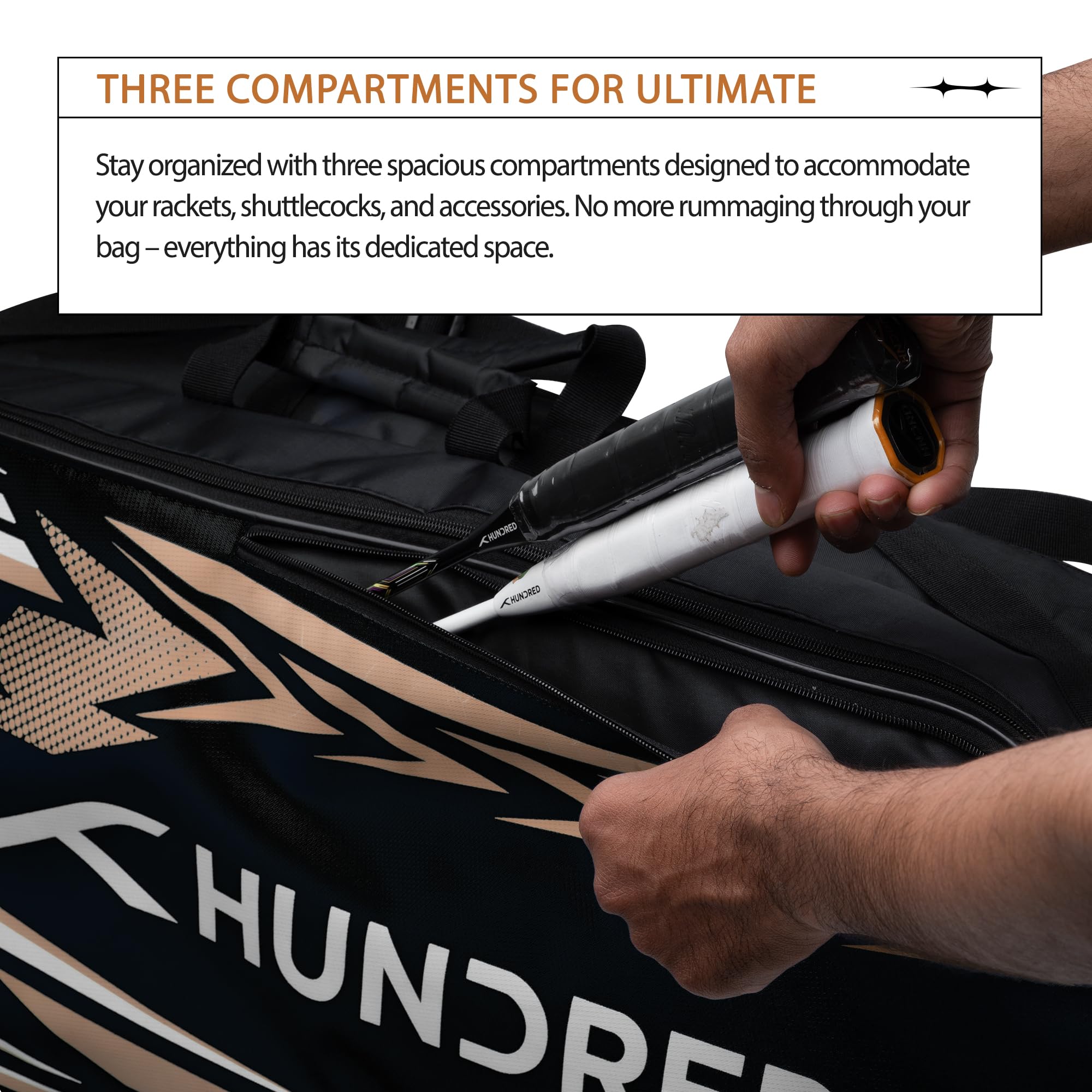HUNDRED Urban Pod Badminton Kit-Bag | 3 Spacious Compartments | Double Zipper Closure