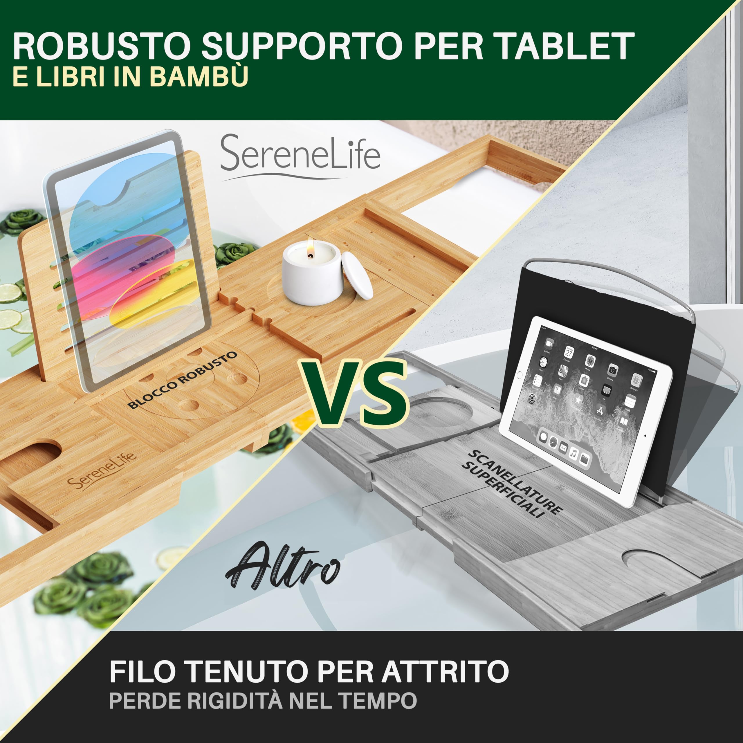 SereneLife Portaoggetti Bagno in Bambù con Design Pieghevole e Bloccabile, Espandibile da 76 Centimetri a 109 Centimetri, Facile da Riporre, Cerniere Pieghevoli