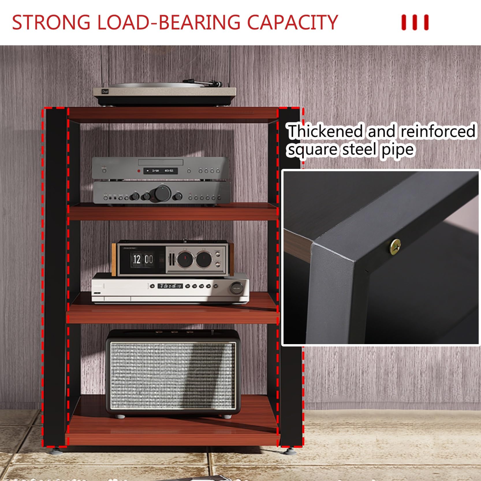 Mobile Ste Rac, MaTower, Rack AV a 2/3/4 Ripiani, Rack per Videogiochi, Porta Dvd, Porta TV, con ripiano angolare, Adatto per Soggiorno, Studio di Registrazione (Teak, 60x52x60cm)