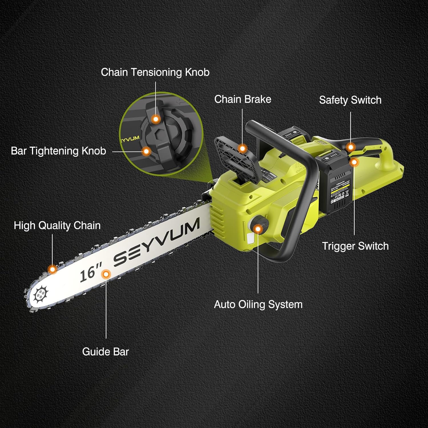 SEYVUM Cordless 40V 16 Inch Chainsaw with 2 x 4.0Ah Batteries, Electric Chain Saw with Tool-free Chain Tension, Auto Oiling, Heavy-Duty for Tree Felling, Firewood Cutting, Pruning - Image 8
