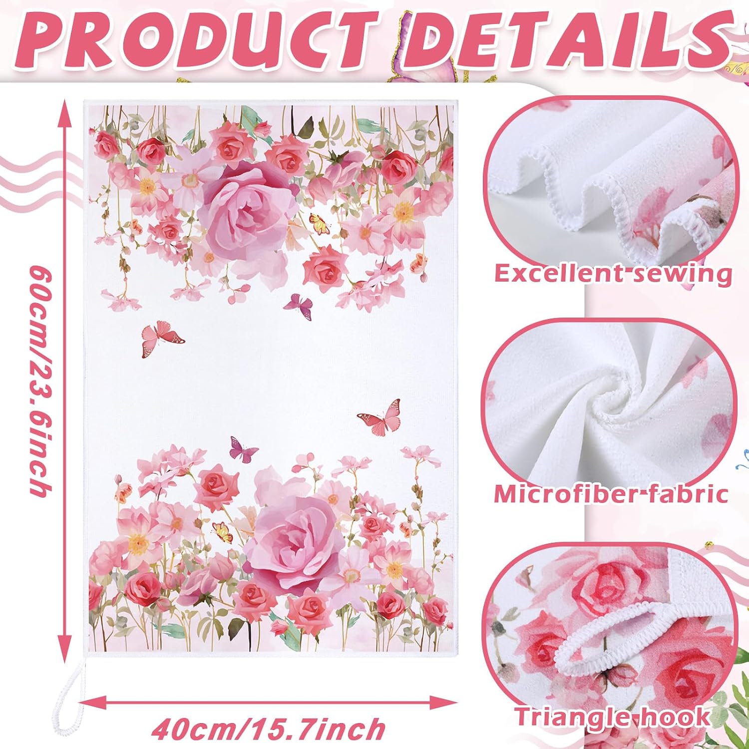 Bencailor 4 Pcs Pink Rose Kitchen Towels Butterfly Floral 16" x 24" image 3