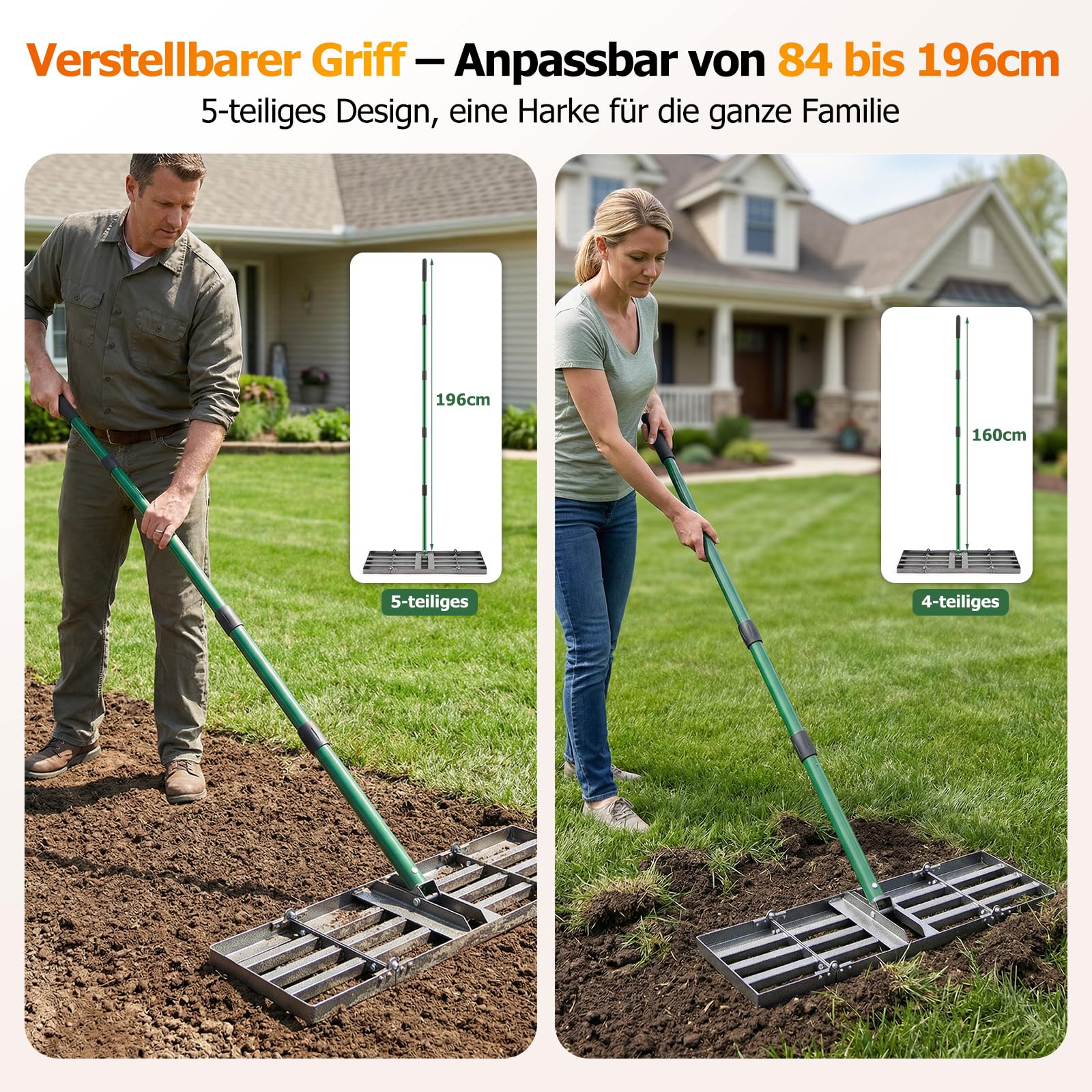 Rasennivellierharke - 76x25cm Rasennivellierer Rasen Rakel, Hochbelastbarer Rasen Nivellierrechen mit 84-196cm Verstellbarem Griff, Klappbare Garten Rasenrechen für Erde, Sand, Kies