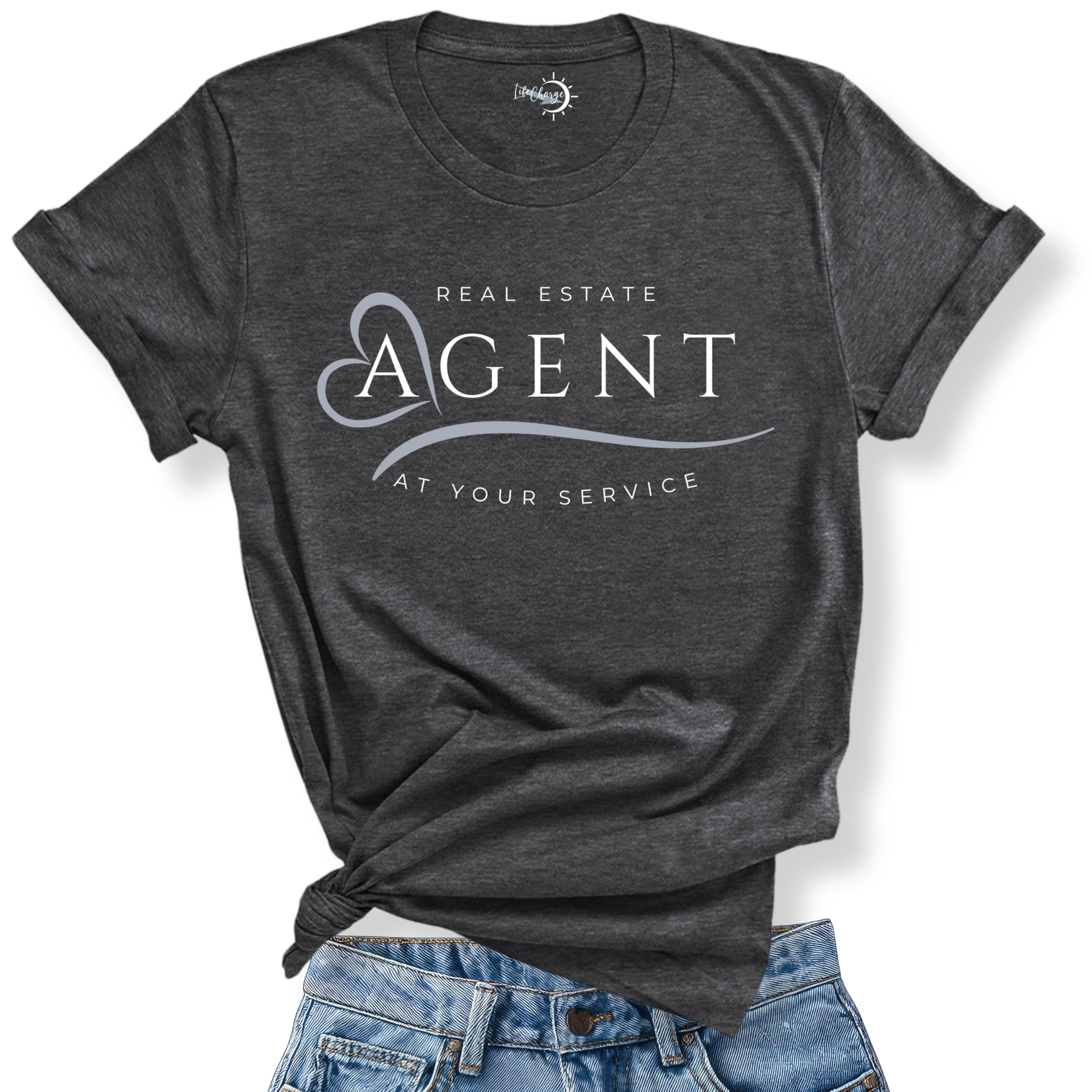 Real Estate Agent T-Shirt for Women – “at Your Service” Realtor Gift Top – Soft Charcoal Heather Cotton Blend – Relaxed Fit Crew Neck – Printed in The