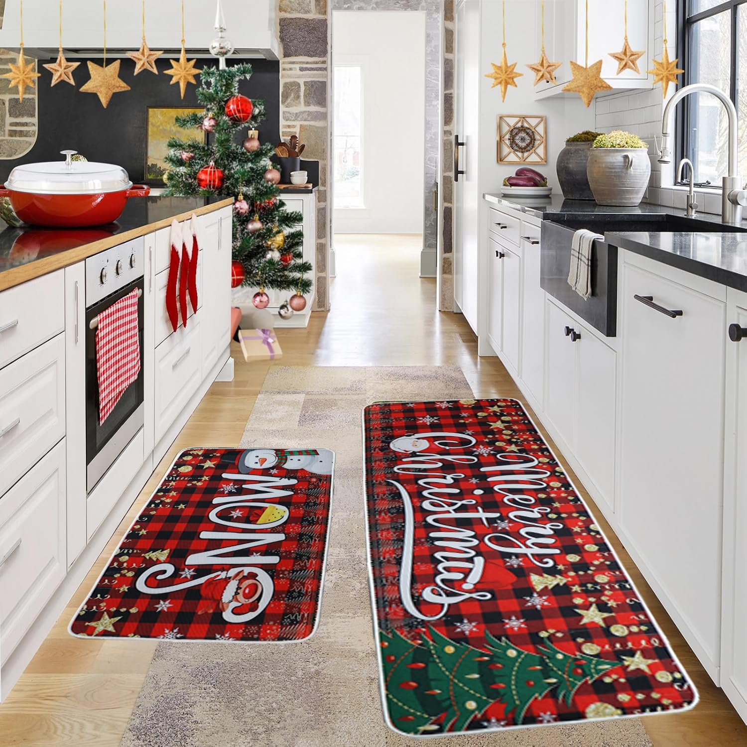 Christmas Kitchen Mats Set of 2, Christmas Decorations Snowman Tree Christmas Kitchen Decor, Non-Slip Winter Washable Kitchen Mats for Floor,Home, Bathroom, Living Room, Doorway,17"x27+17"x47"
