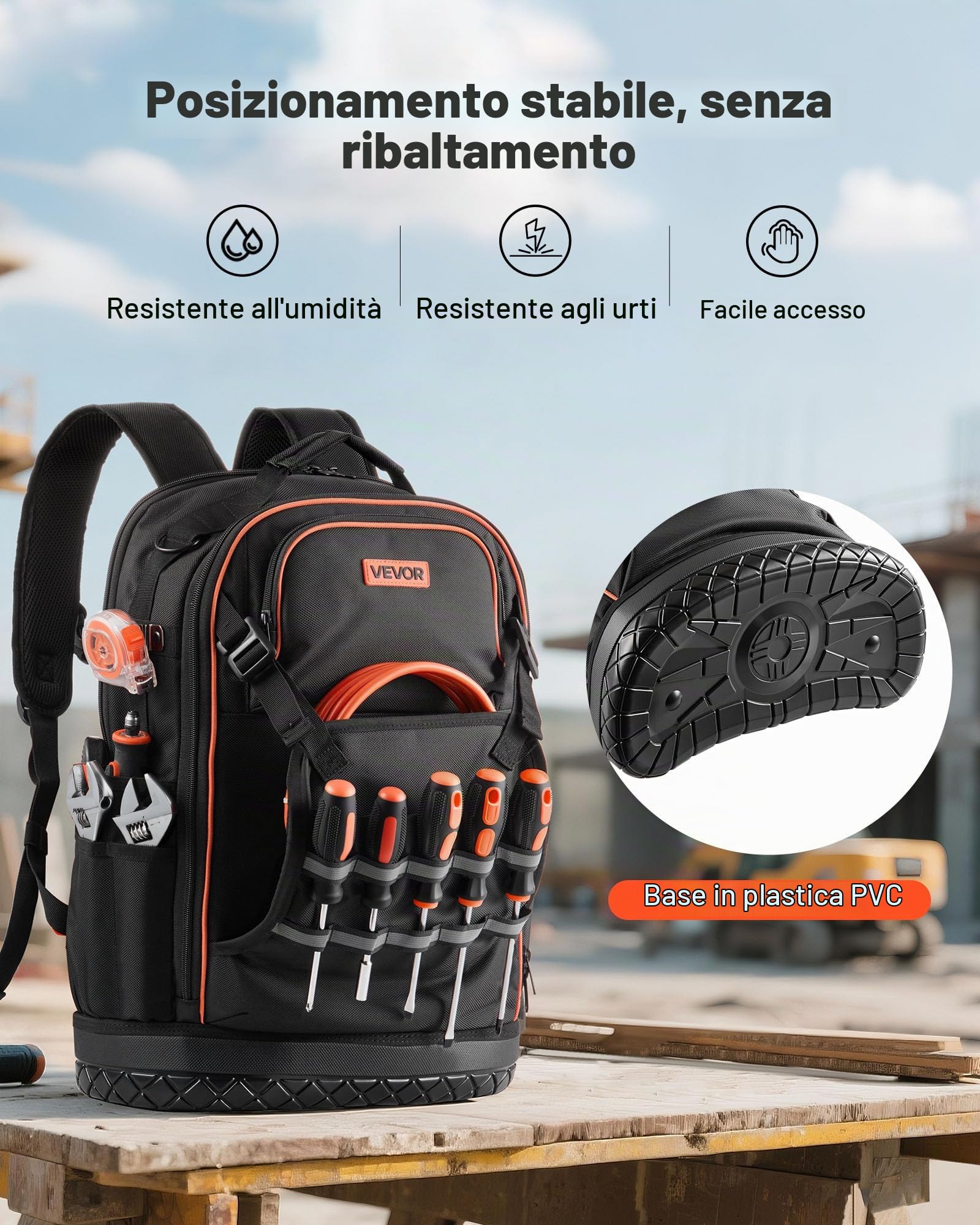 VEVOR Zaino Portautensili, Organizzatore per Attrezzi Pesanti, Zaino da Lavoro con Scomparto per Laptop e Base Sagomata, Borsa da Cantiere per Elettricisti, Riparatori e Tecnici HVAC, 65 Tasche