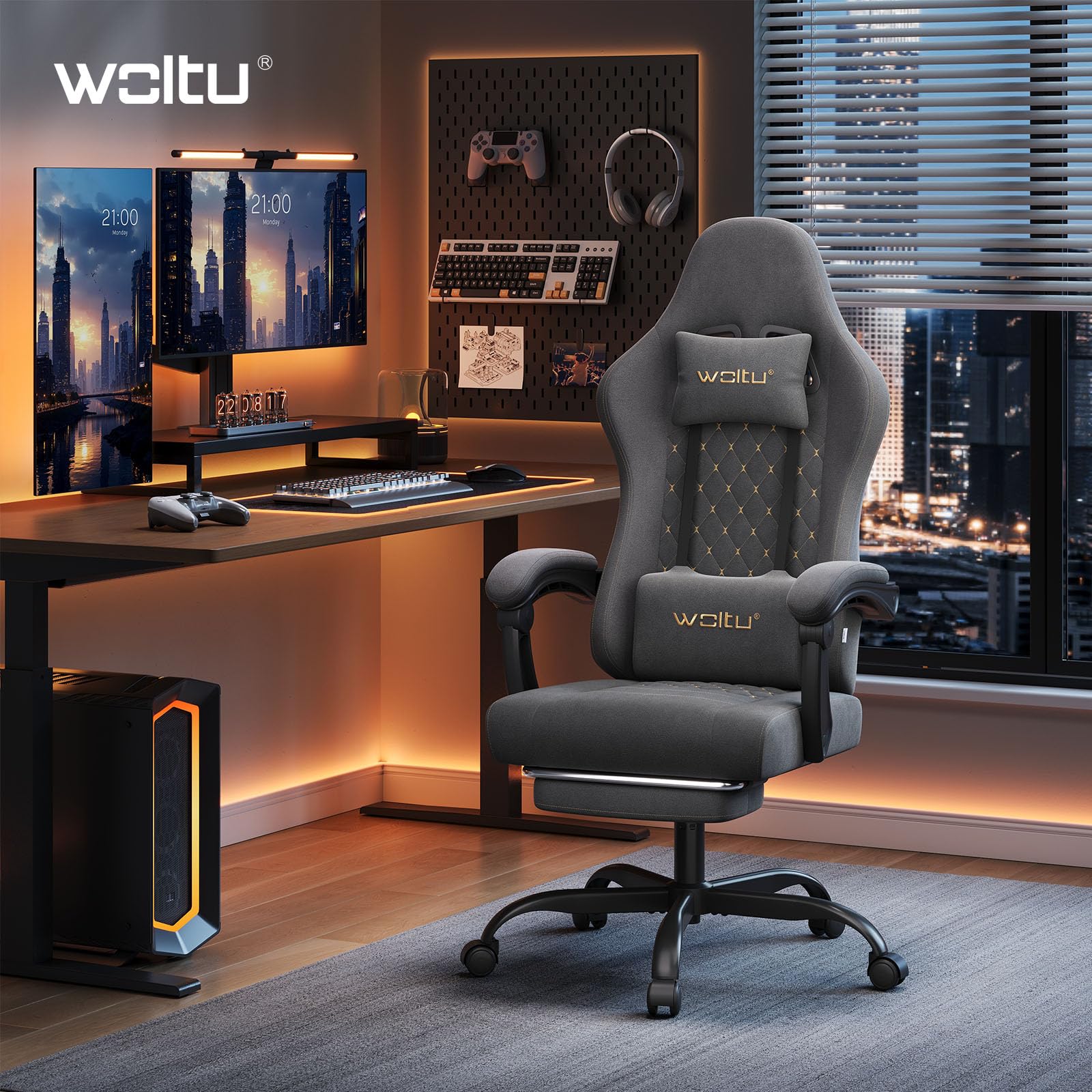 WOLTU Gaming Stuhl mit Massagefunktion, Computerstuhl Ergonomisch, Taschenfederkissen, Lendenmassage, Kopfkissen, Fußstütze, Drehstuhl, 150 kg, Tech-Stoff, Grau+Gelb