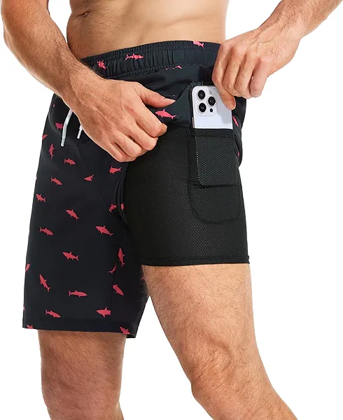 MOANOK Mens Swim Trunks with Compression Liner Quick Dry Bathing Suit with Zipper Pockets Lightweight Beach Shorts
