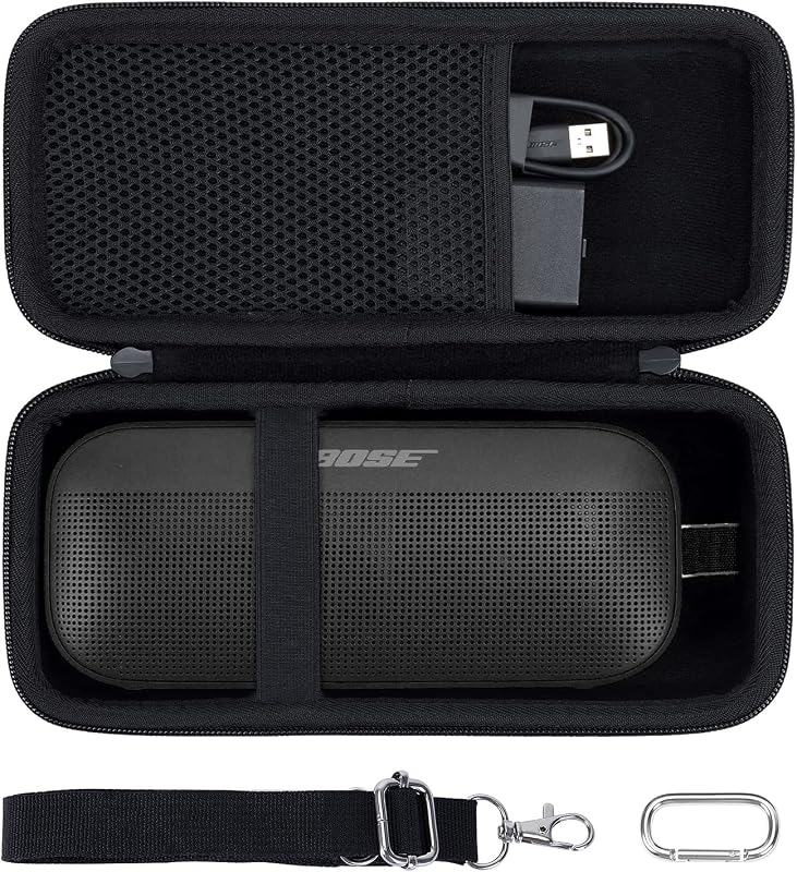 co2CREA Hard Travel Case for Bose SoundLink Flex 2/1 Speaker, Black | Carabiner Attachment, Comfortable Hand Strap, Detachable Shoulder Strap, Accessory Organization, Secure Protective Storage