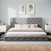 Vista 82 de WEEWAY Base de cama de plataforma de tamaño matrimonial con 4 cajones de almacenamiento, cabecera capitonada con botones de costura de diamante