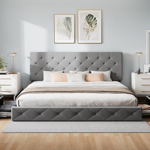 Miniatura 82 de WEEWAY Base de cama de plataforma tamaño Queen con 4 cajones de almacenamiento, cabecera capitonada con botones de costura de diamante, base de