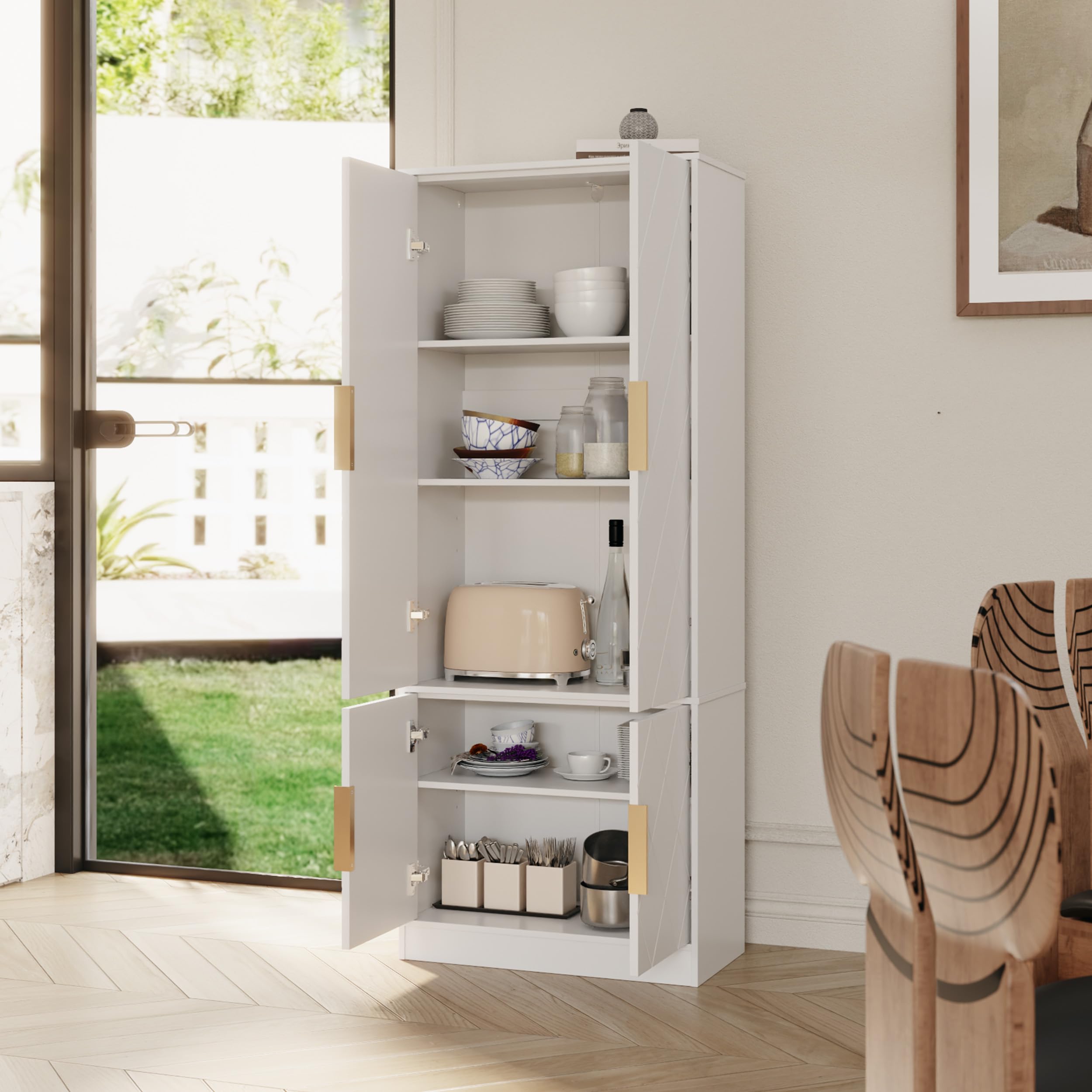 UEV Hochschrank mit 4 Türen, Kücheschrank, Badzimmerschrank Mehrzweckschrank Aktenschrank mit verstellbare Ablage vielseitig einsetzbar für Büro, Flur, Küche, Hauswirtschaftsraum 60x30x150cm Weiß