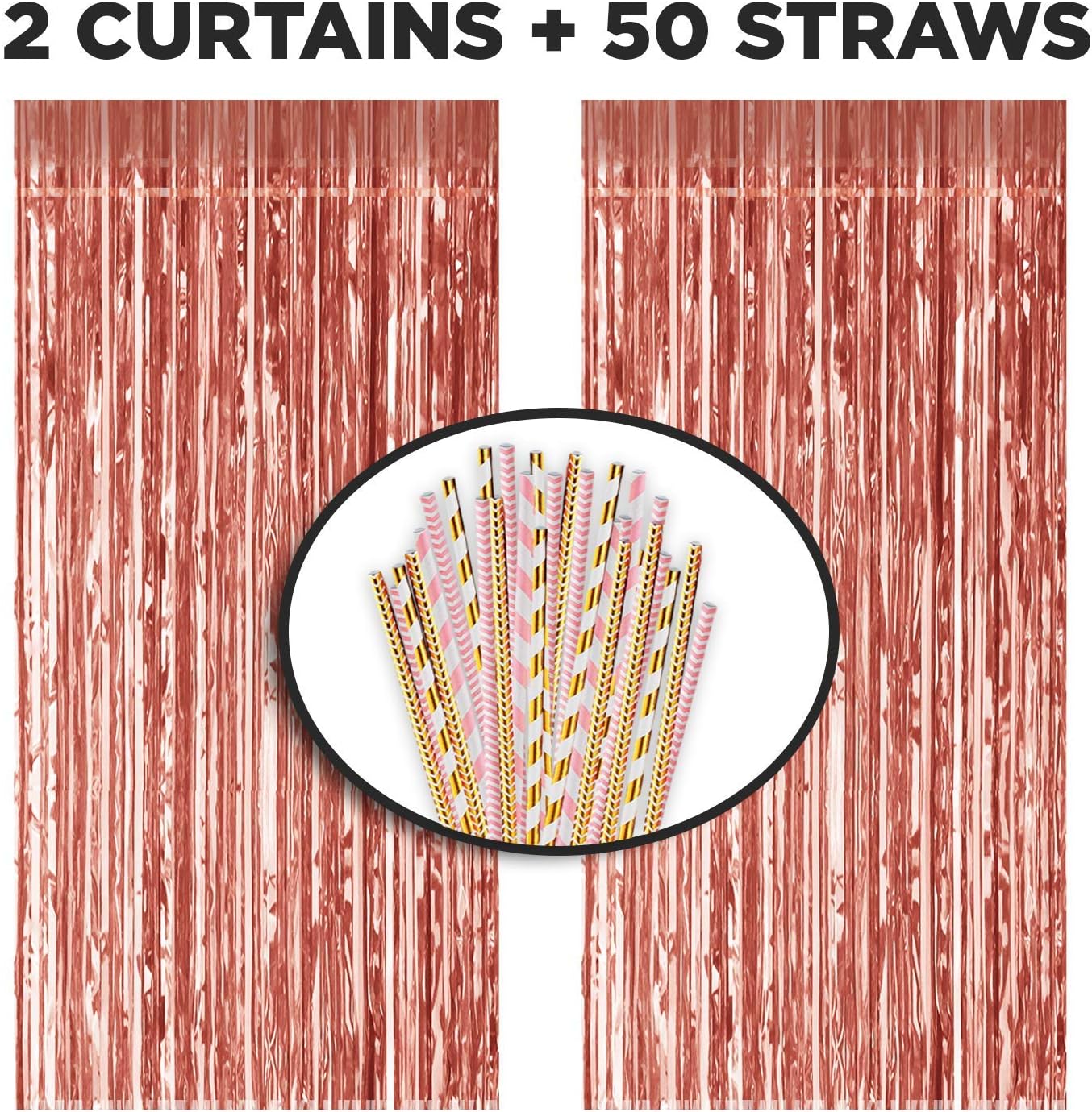 Rose Gold Fringe Curtain Party Streamers, 2PC 3ft x 8.3ft Foil Curtain Backdrop for Party Decorations, Photo Booth Background, Birthday, Wedding, & Bachelorette Parties - 50 Paper Straws Included