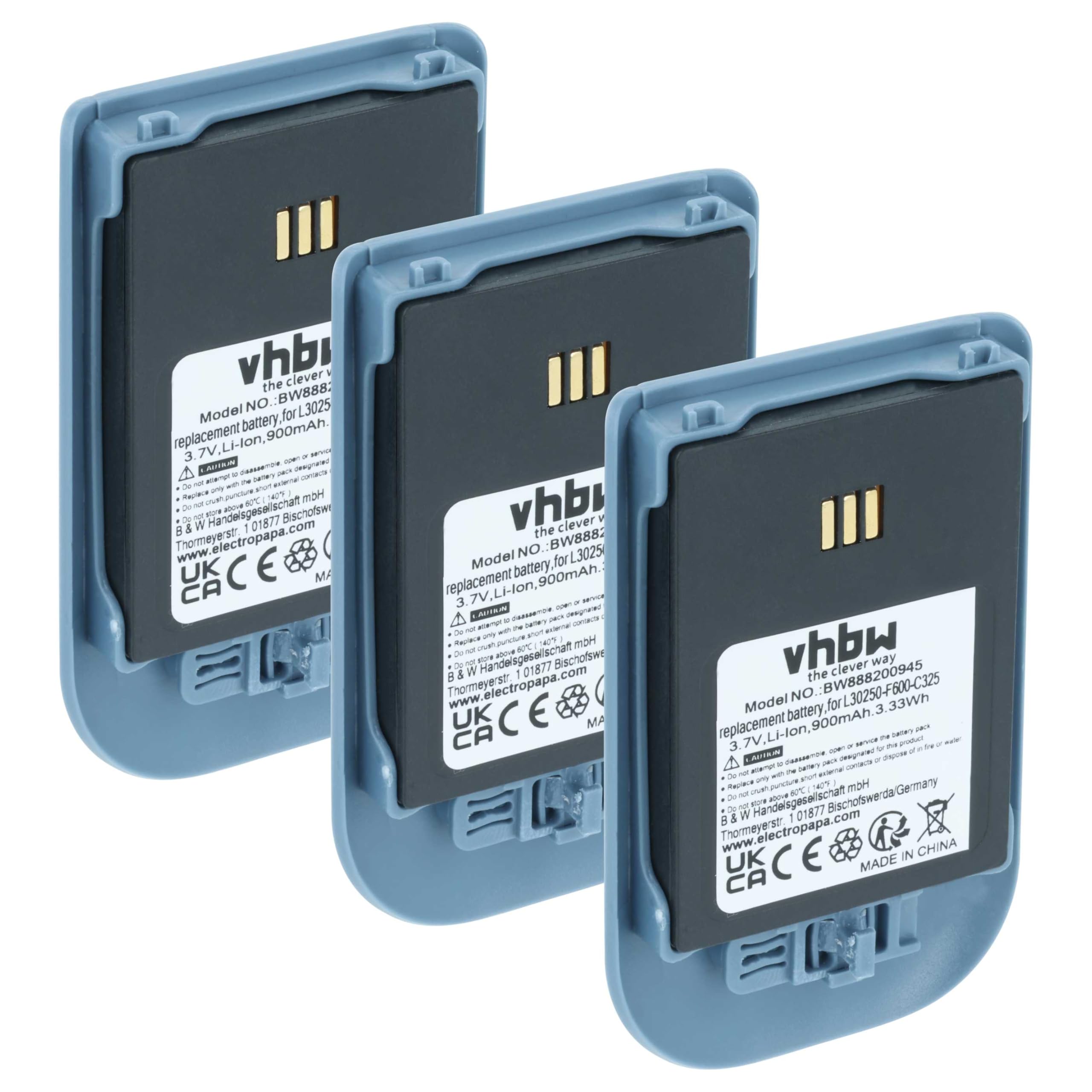 vhbw 3X bateria kompatybilna z Ascom i62 Messenger, i62 Protector, i62 Talker telefon stacjonarny lub bezprzewodowy (900 mAh, 3,7 V, Li-Ion) niebieski szary