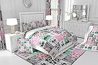 Vista 6 de Juego de ropa de cama con estampado de vaca lechera, funda de edredón rosa de tractor, camión de construcción de granja, funda de edredón rústica