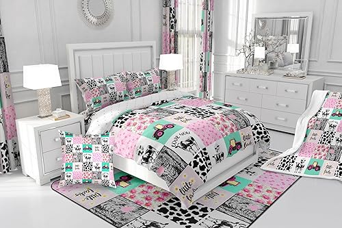 Miniatura 6 de Juego de ropa de cama con estampado de vaca lechera, funda de edredón rosa de tractor, camión de construcción de granja, funda de edredón rústica de
