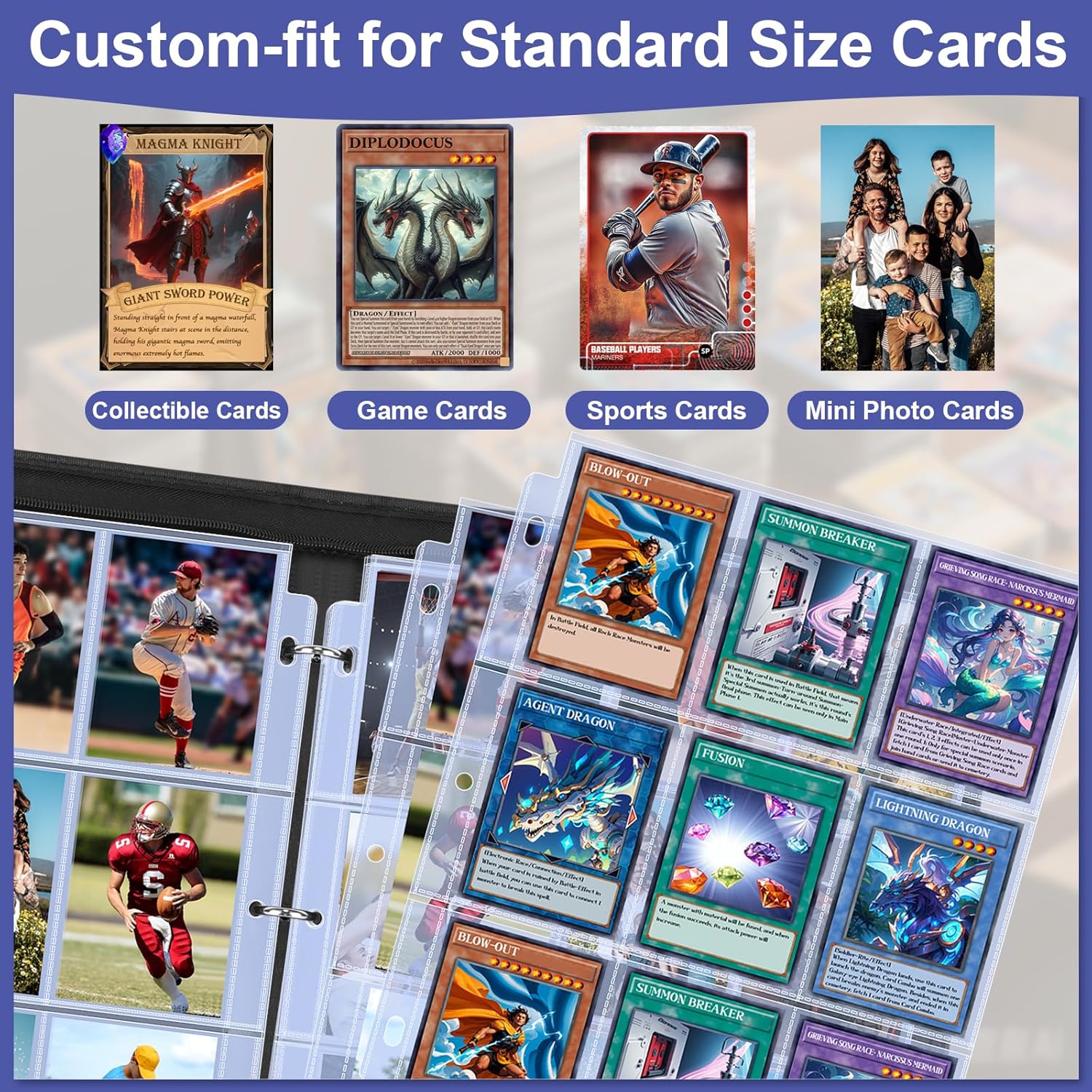 Baseball Card Binder 900 Pockets, Trading Card Binder with Sleeves, 50 Pages, 3 Ring Trading Zipper Binder Card Album for TCG CCG MTG Baseball Cards Game Card (Dragon)