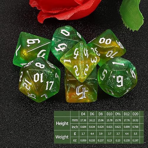 Miniatura 2 de QMAY DND - Juego de dados poliédricos D&D (7 piezas) para Calabozos y Dragones (purpurina amarilla pálida y verde)