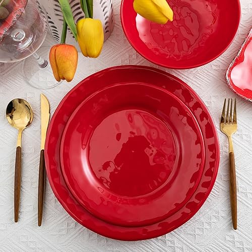 Miniatura 2 de Juego de vajilla de melamina de 18 piezas de color rojo navideño, servicio para 6, ligero y duradero, para exteriores, moderno juego de vajilla de