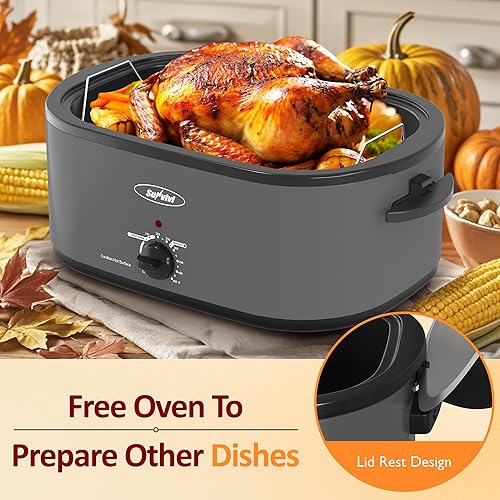 Miniatura 13 de Sunvivi Horno asador eléctrico de 24 cuartos de galón con tapa visible autohilvanado, horno asador de pavo con sartén y estante extraíbles, perfecto