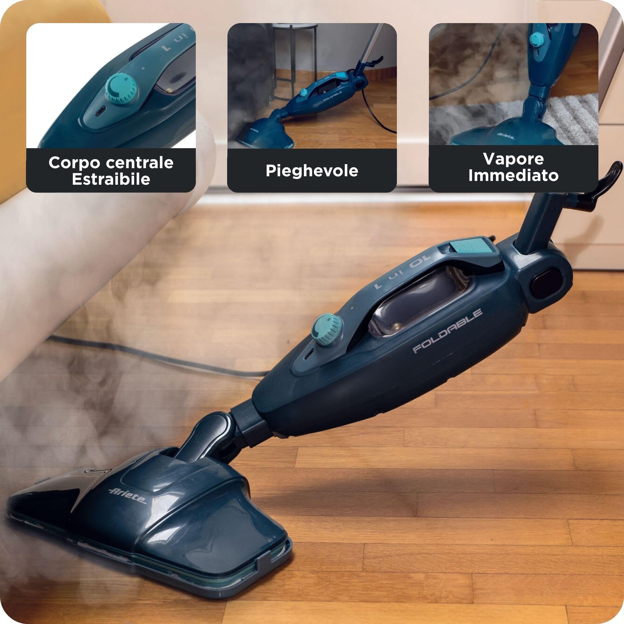 Ariete 4175 Składany mop parowy 10 w 1, składany mop parowy, 1500 W, 10 funkcji w 1, zestaw akcesoriów, pojemność 350 cm3, niebieski