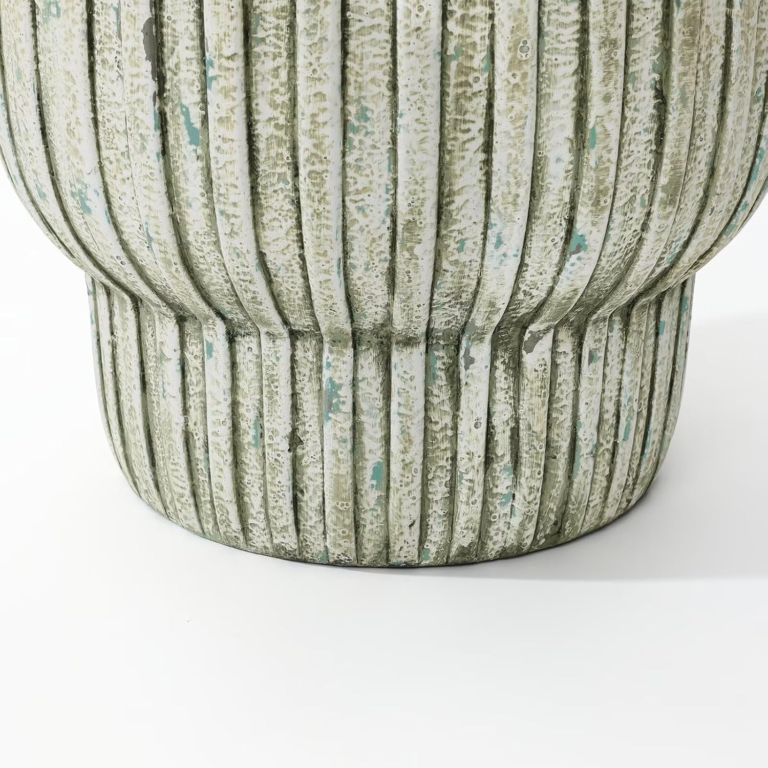 LuxenHome 16" Dia Cement Large Round Planters, Distressed Green and White Indoor Outdoor Plant Pots with Drainage Hole and Rubber Plug, Ribbed Decorative Flower Pot for Home Patio Garden