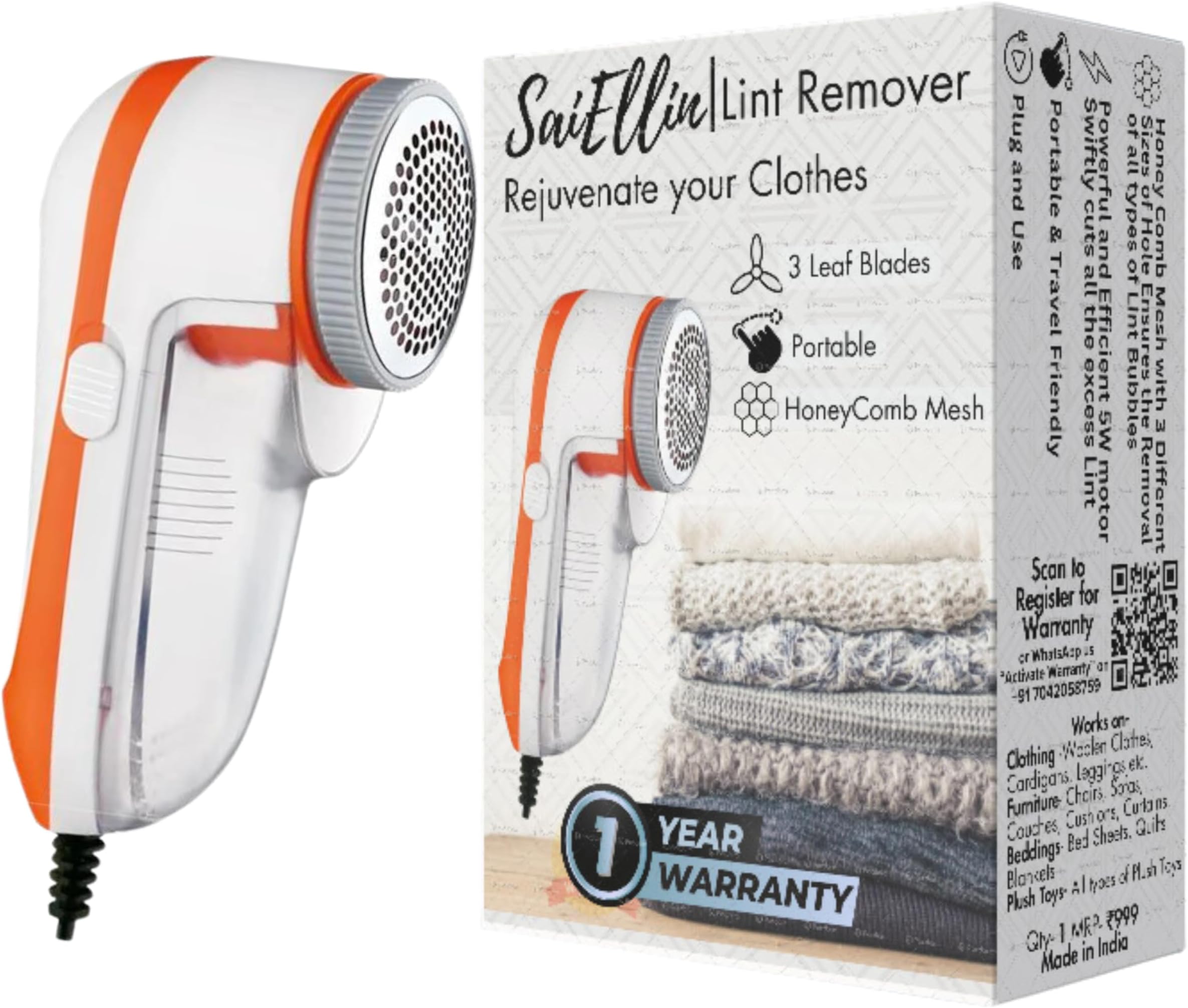 Lint Remover For Clothes With 1 Year Warranty Fabric Shaver Lint Shaver for Woolen Clothes Blanket Jackets Stainless Steel Blades,Bedding, Clothes and Furniture Best Remover for Fabrics Portable Lint Shavers (White Orange)