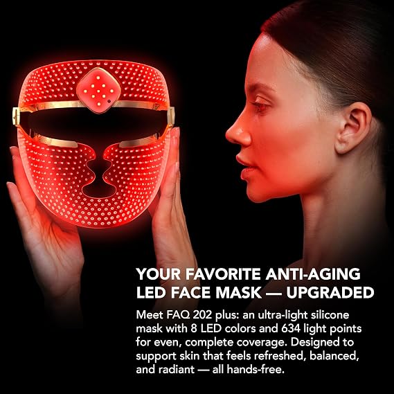 FAQ 202 Plus Gelişmiş 8 Renkli LED Yüz Maskesi – Işıltılı Görünüm İçin Kablosuz Cilt Bakımı – 634 Işık Noktasıyla Tam Kapsama Sağlayan Giyilebilir Cilt Bakım Cihazı