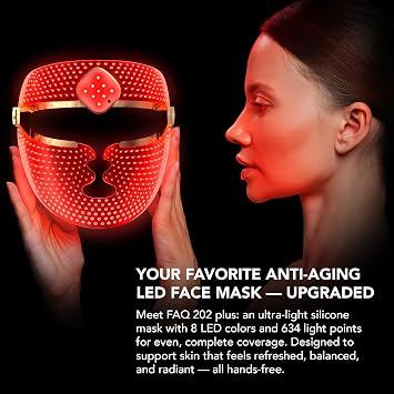 FAQ 202 Plus Gelişmiş 8 Renkli LED Yüz Maskesi – Işıltılı Görünüm İçin Kablosuz Cilt Bakımı – 634 Işık Noktasıyla Tam Kapsama Sağlayan Giyilebilir Cilt Bakım Cihazı