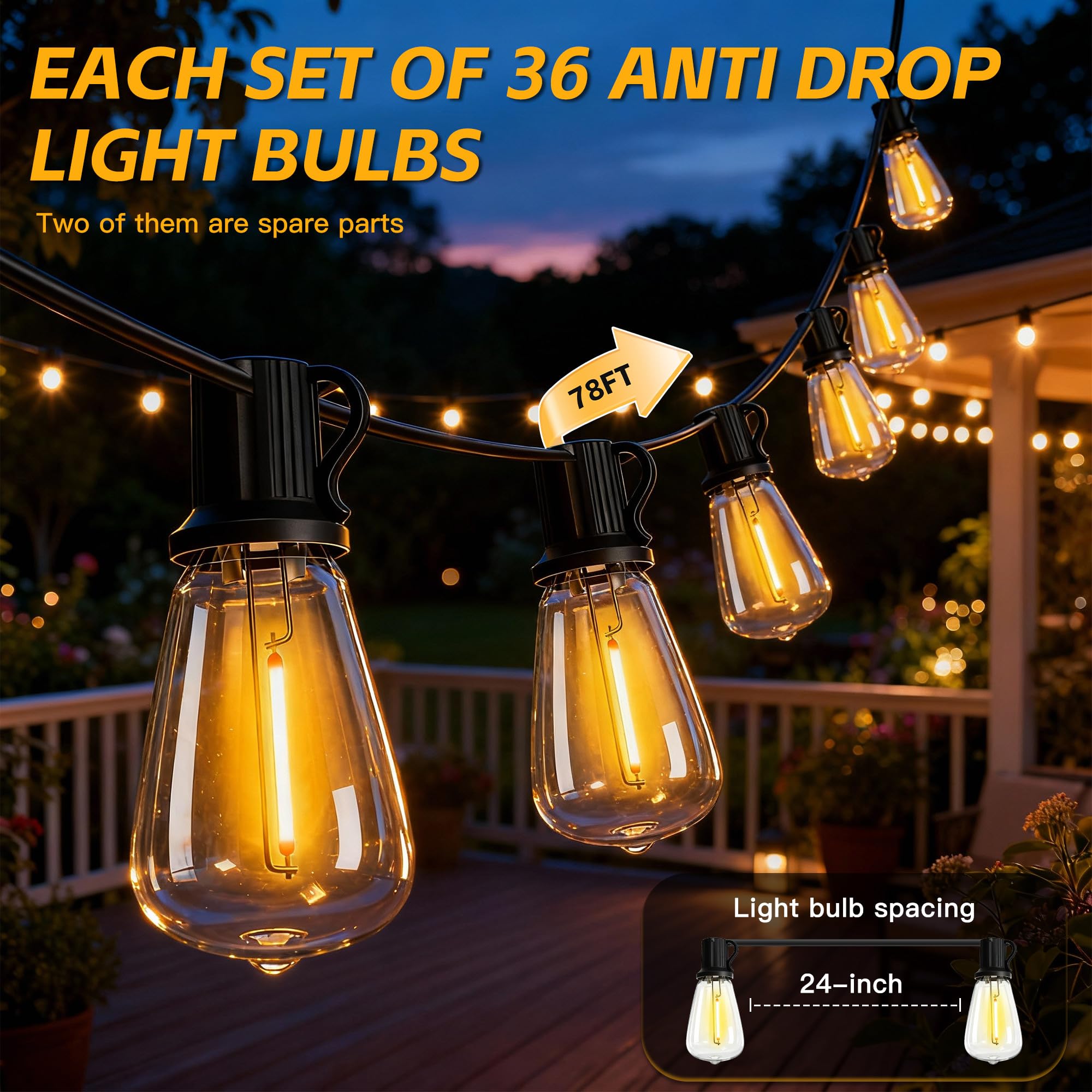 Guirnalda de luces solares para exteriores IP65, impermeable, luz de jardín USB y carga solar, con control remoto y 36 + 2 bombillas LED inastillables, 8 modos de luz, luces solares regulables