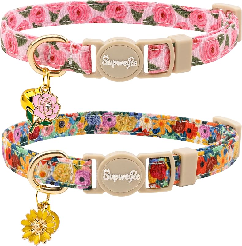 Coleira floral ajustável para gatos com fecho de segurança e sino removível supweyte, pacote com 2