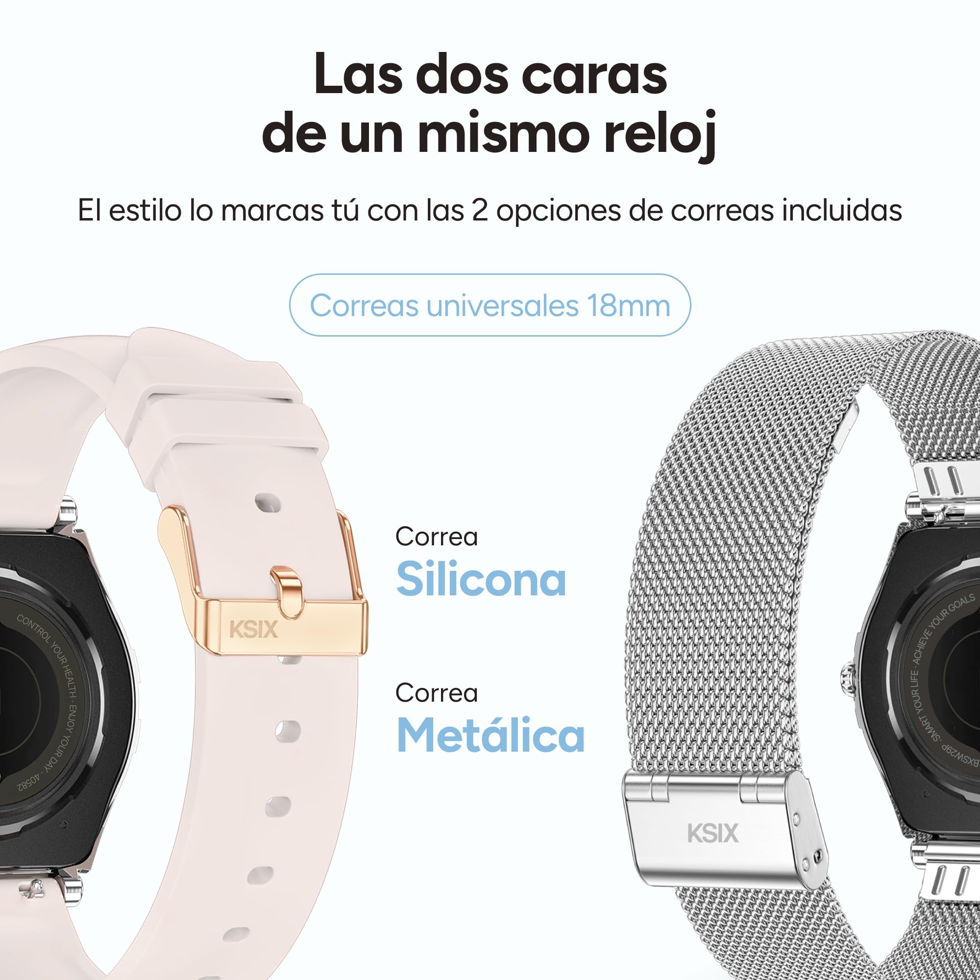 KSIX LYA Go Smartwatch Mujer, Pantalla AMOLED 1.19", Autonomía 5 días, Modos Deporte y Salud, Notificaciones, Llamadas, Asistente de Voz, 2 Correas Metal y Silicona - Plata y Beige