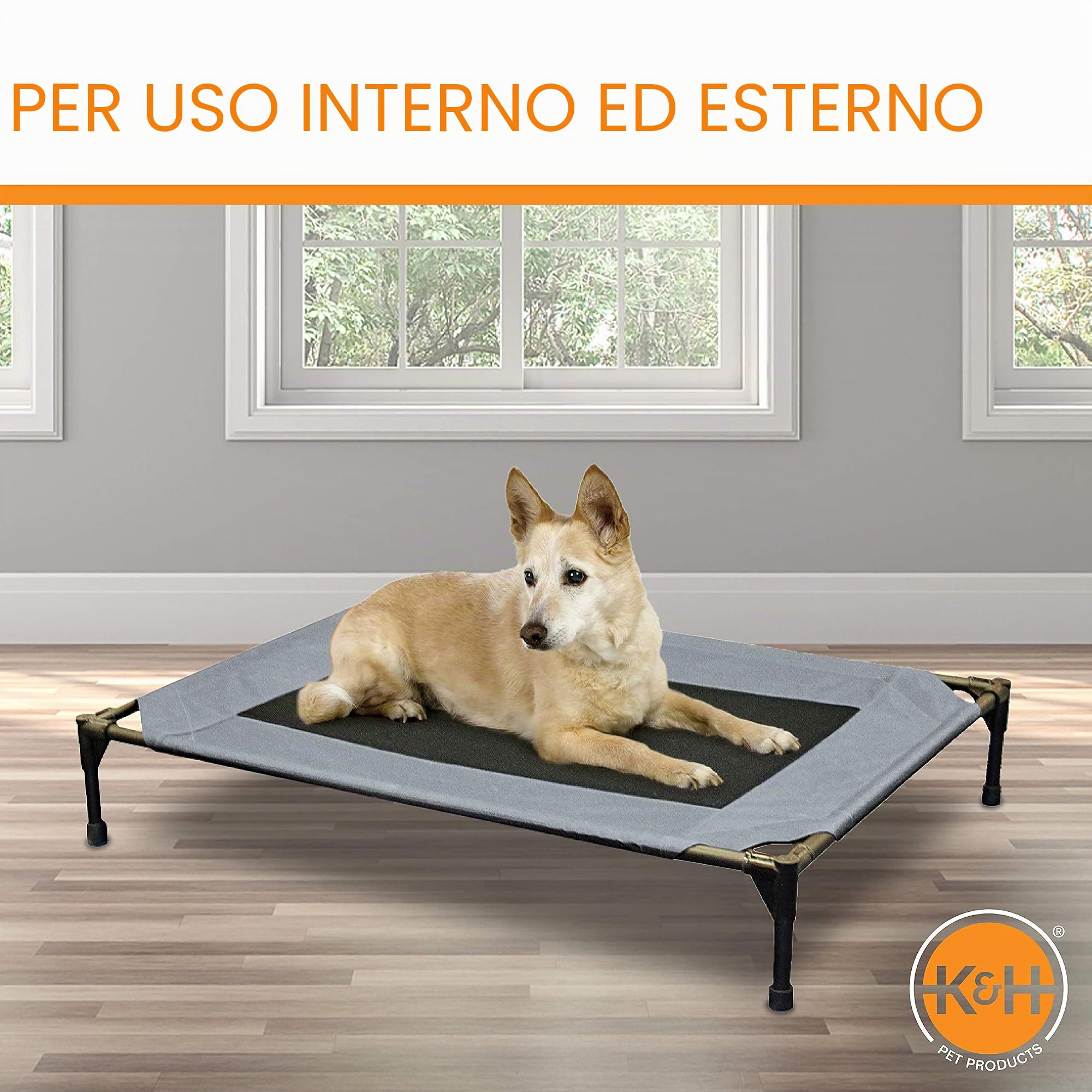 K&H Prodotti per animali domestici, letto rialzato per cani con rete traspirante lavabile, piedini in gomma antiscivolo, lettino portatile per interni ed esterni, rete grigia/nera