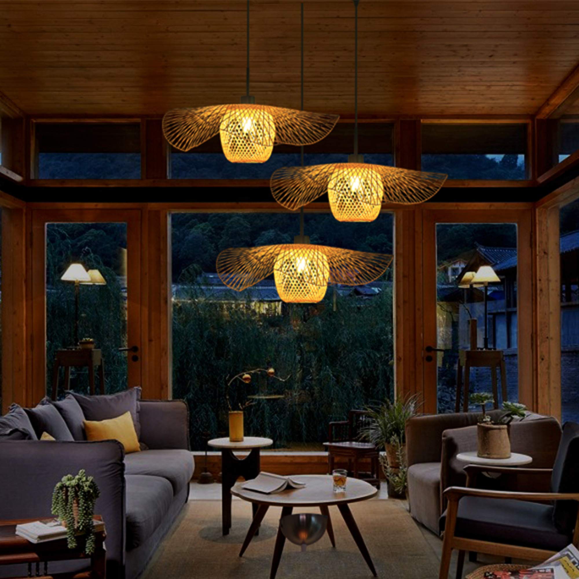 KXEcoLife Vintage Bamboo Pendant Light, Handmade Woven Rattan LED Hanging Lamp, Adjustable Nostalgic E27 Ceiling Fixture for Kitchen, Dining Room, 85cm Chandelier