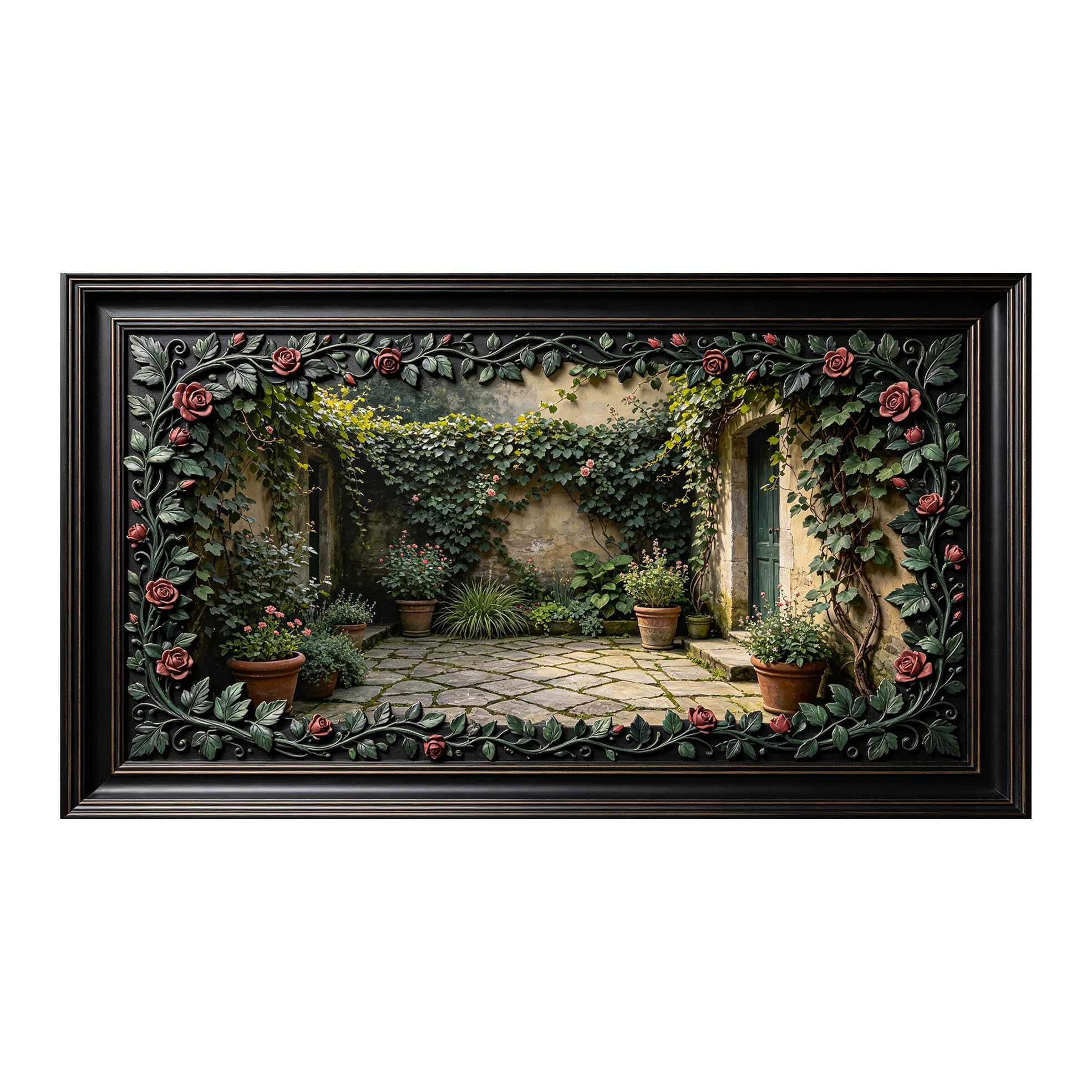 Murasolite 3D Framed Wall Art Provence Courtyard Botanical Vintage Style SelfAdhesive Fabric Mural Wall Decor， Peel and Stick No Damage to Wall， AntiFall Safe Design for Bedroom Living Room
