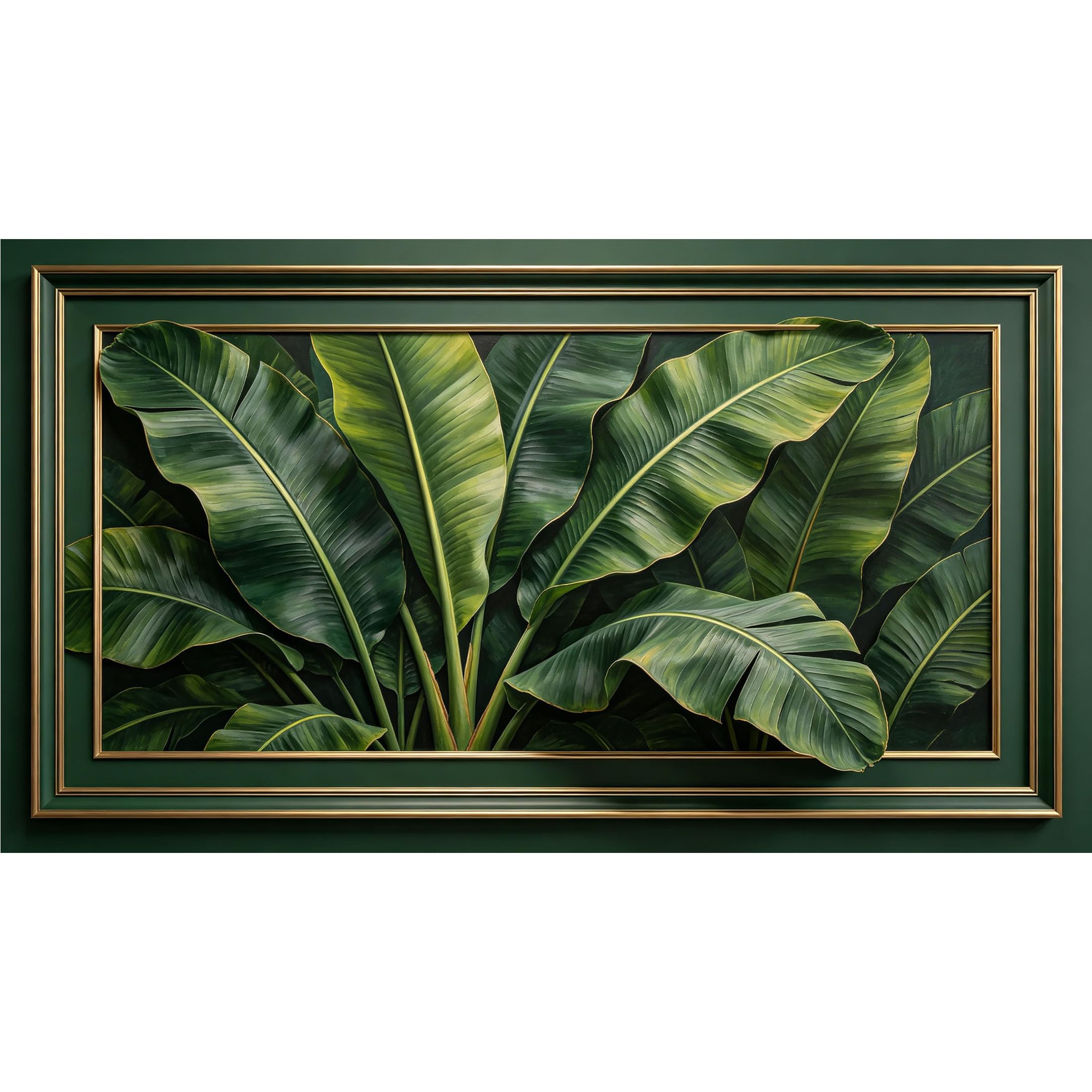 QZLITHOTIC 50x90cm3D Framed Wall Art， Tropical Banana Leaf Botanical Green Jungle Self‑Adhesive Mural， Water‑Activated Peel & Stick Fabric Decor Wall Decal for Bedroom Living Room