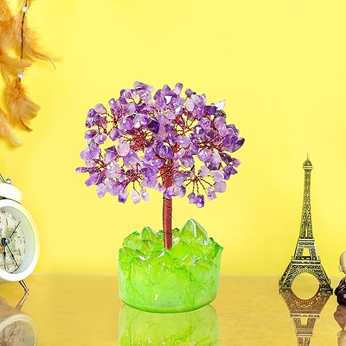 Miniatura 2 de YATSKIA Árbol de cristal de racimo verde con piedras preciosas de amatista, árbol de decoración de piedras de chakras, decoraciones de cristal para