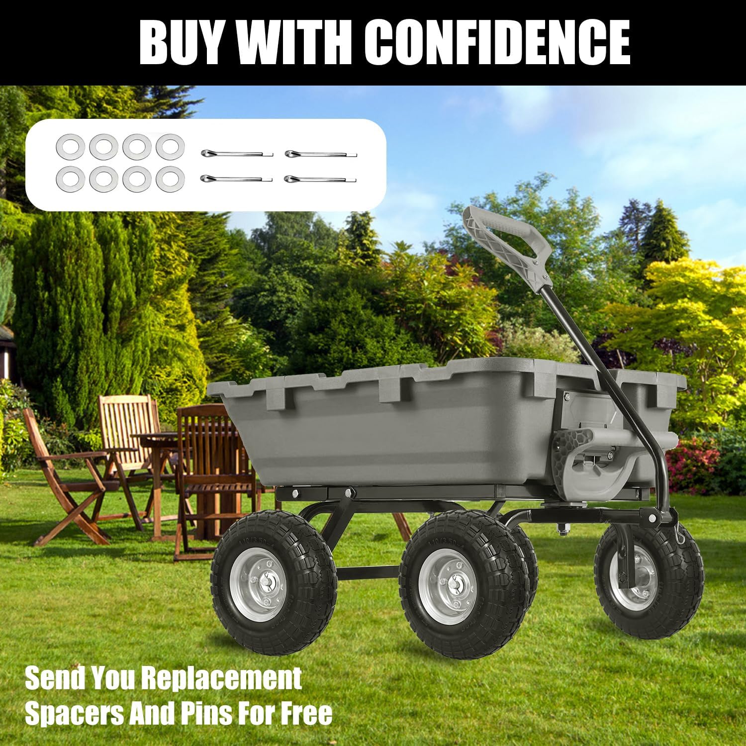 4.10/3.50-4 Flat Free Tire and Wheel, 10" Solid PU Wheels with Washers and Cotter Pins, Heavy Duty Hand Truck Tires with 5/8" Axle Bore Hole & 2.2" Offset Hub for Wagon Dolly Garden Wheelbarrow 4 Pack