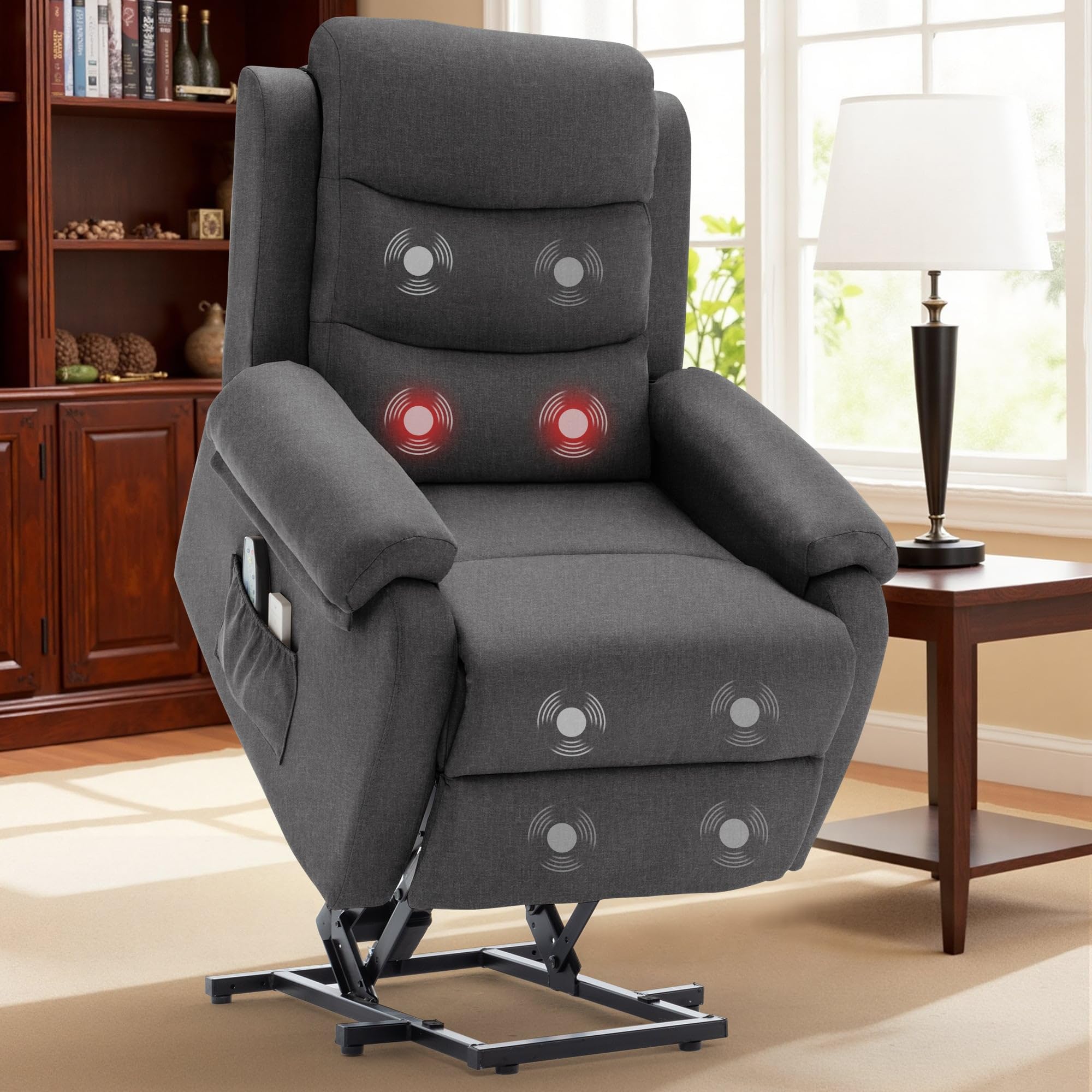 Korser Relaxsessel mit Liegefunktion für Erwachsene, Elektrischer Fernsehsessel mit Aufstehhilfe, Massagesessel mit Wärmefunktion, TV Sessel mit Memory-Funktion für Wohnzimmer Schlafzimmer, Darkgrey